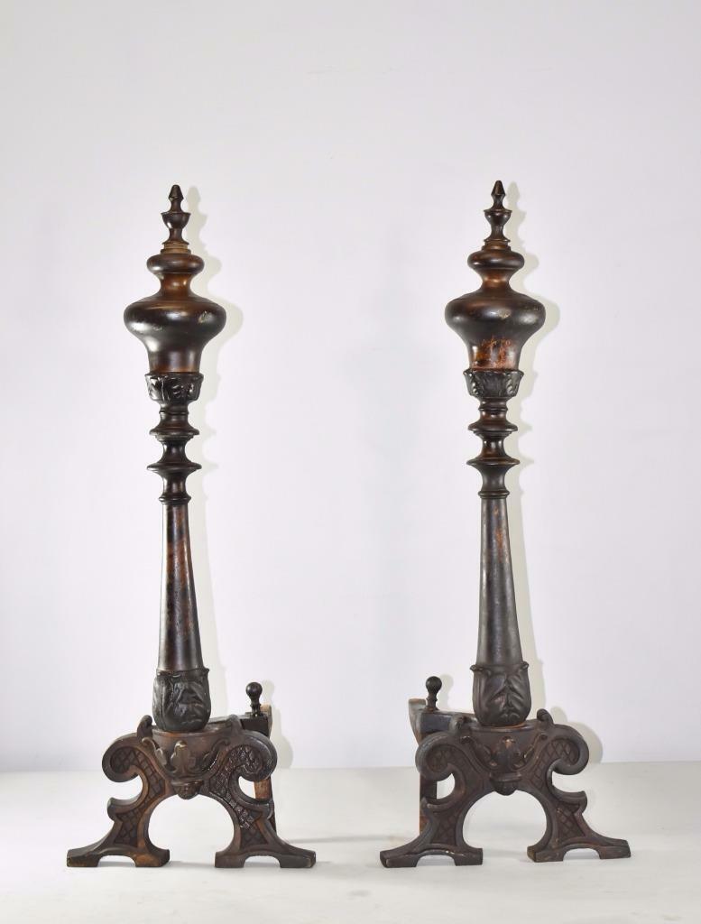 Antique Pair Victorian Brass And Iron Andirons Copper And Black Patina Leffler's Antiques