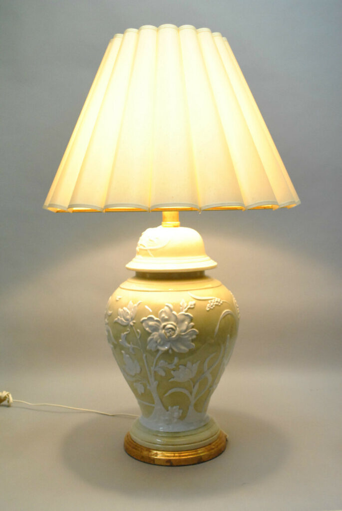 Vintage Oversized Ceramic Lamp in Pale Gold with Raised Floral Design