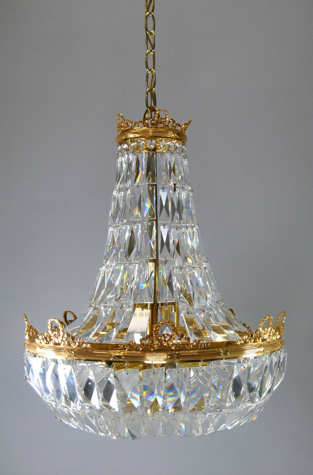 French Basket Form Crystal Chandelier with Brass Frame Leffler's Antiques