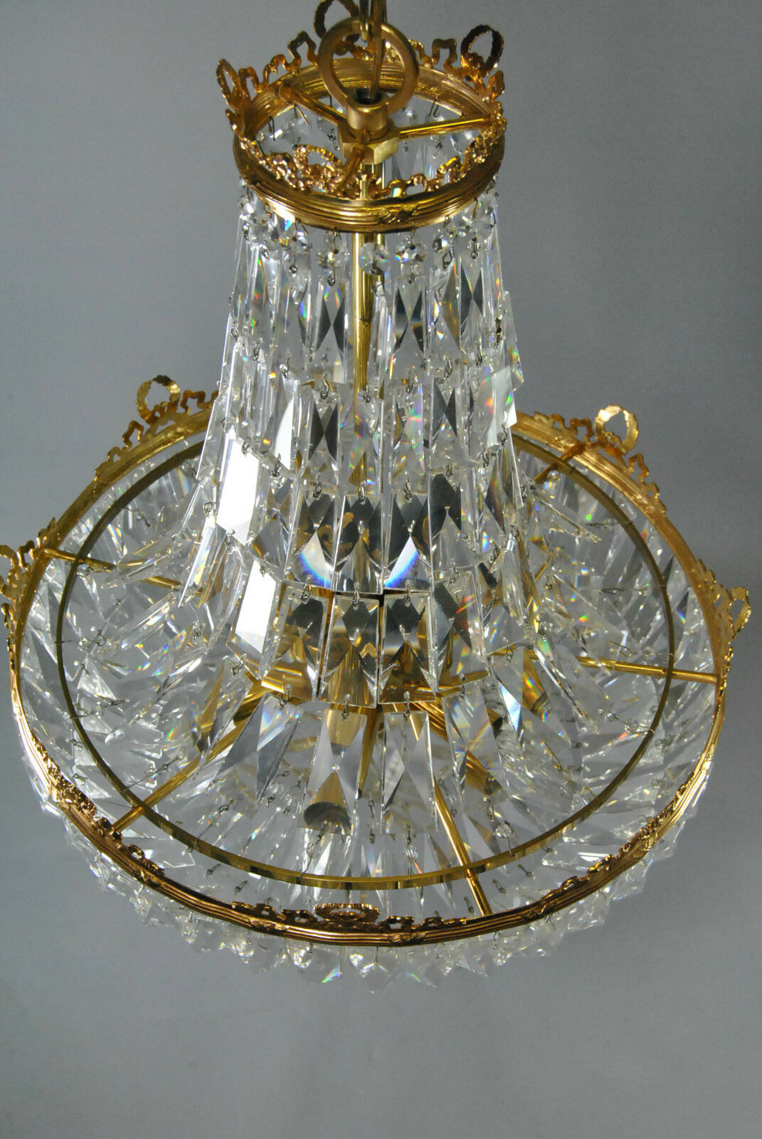French Basket Form Crystal Chandelier with Brass Frame Leffler's Antiques